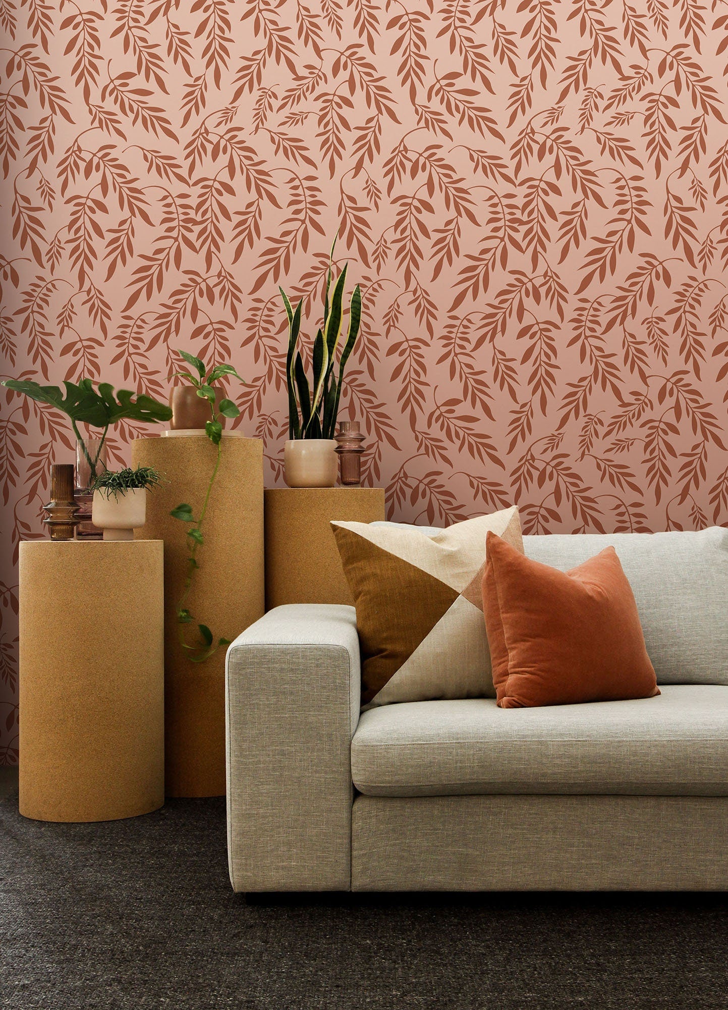 Pink and Beige Leaf Wallpaper