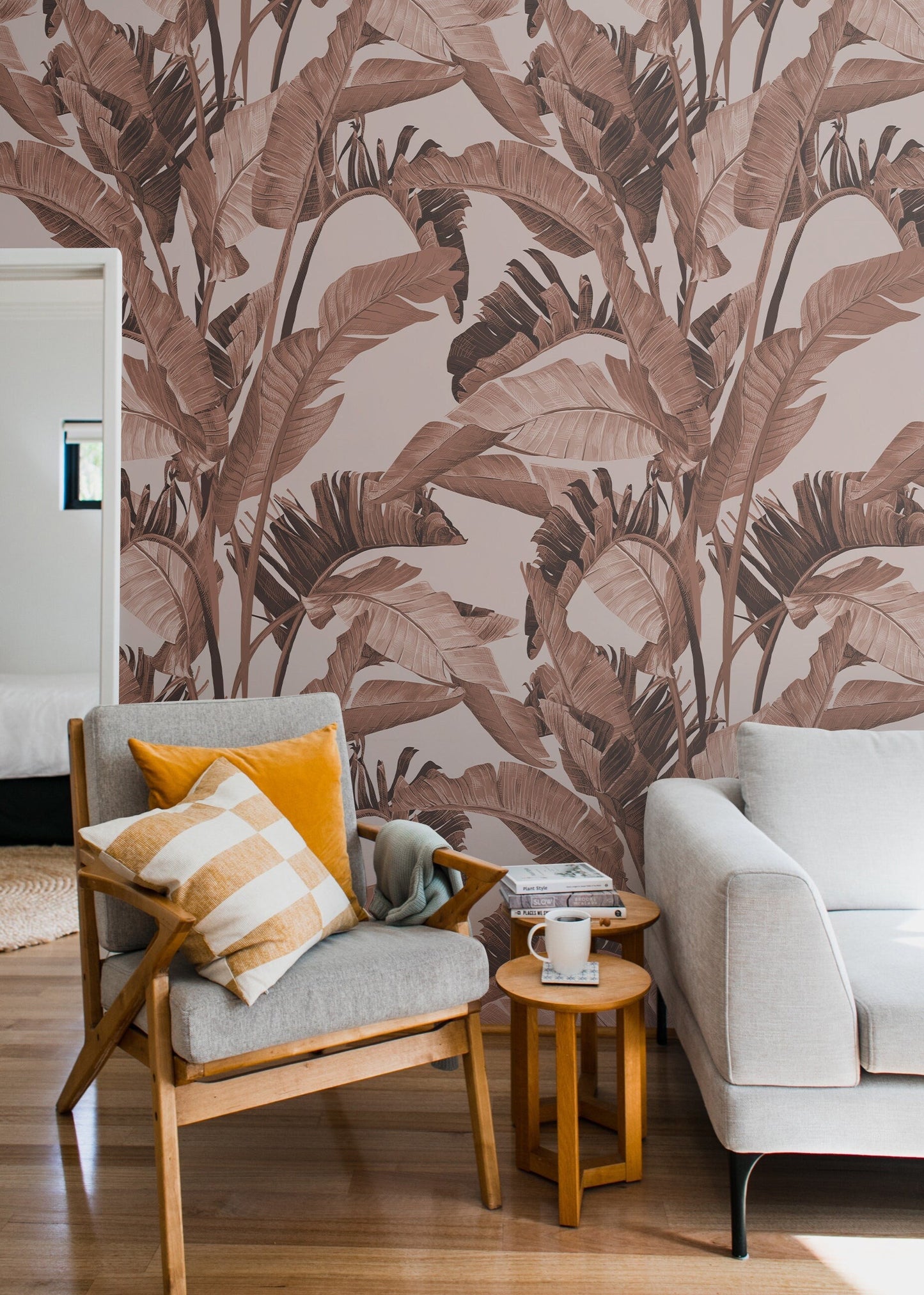 Tropical Beige Removable Wallpaper, Banana Leaf Self Adhesive Wall Art, Custom Wall Mural,