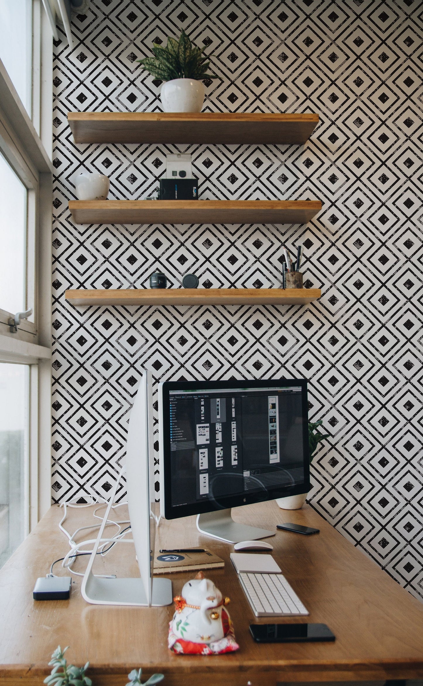 Modern Black & White Removable Wallpaper, Wall Paper Rolls, Large Wall Art, Self Adhesive Tile Wall Art, Geometric  Temporary Wallpaper