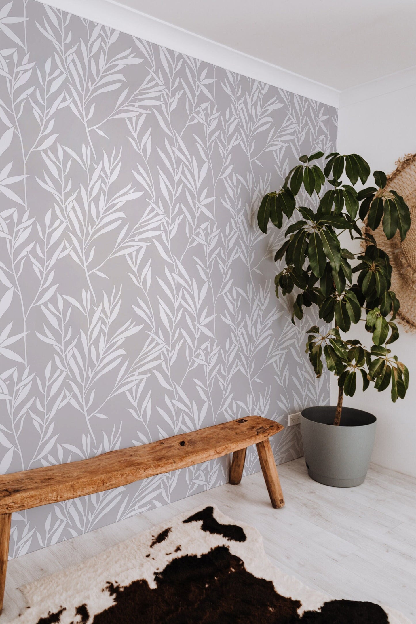 Botanical Gray Removable Decorative Wallpaper, White Leaf Minimal Wall Peel and Stick Mural, Delicate Pompous Grass Wallpaper Roll