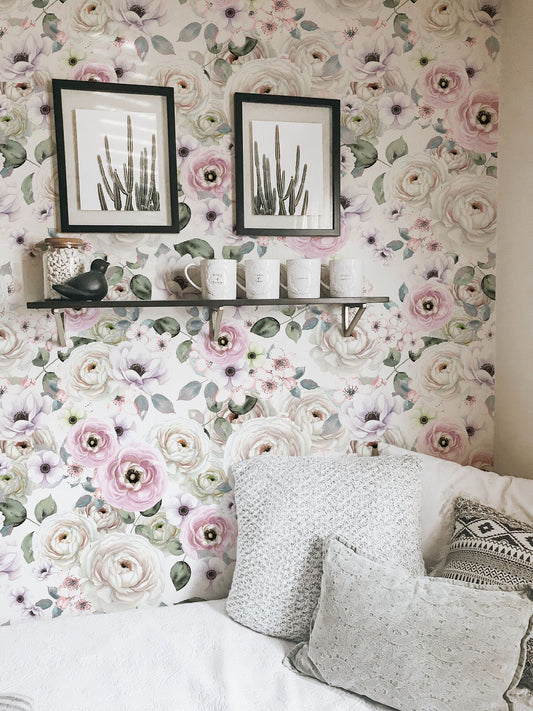 Blush Rose Removable Wallpaper, Girls Nursery Mural, Farmhouse Wallpaper, Peel & Stick Bedroom Wall Mural, Decorative Guest Bedroom Art
