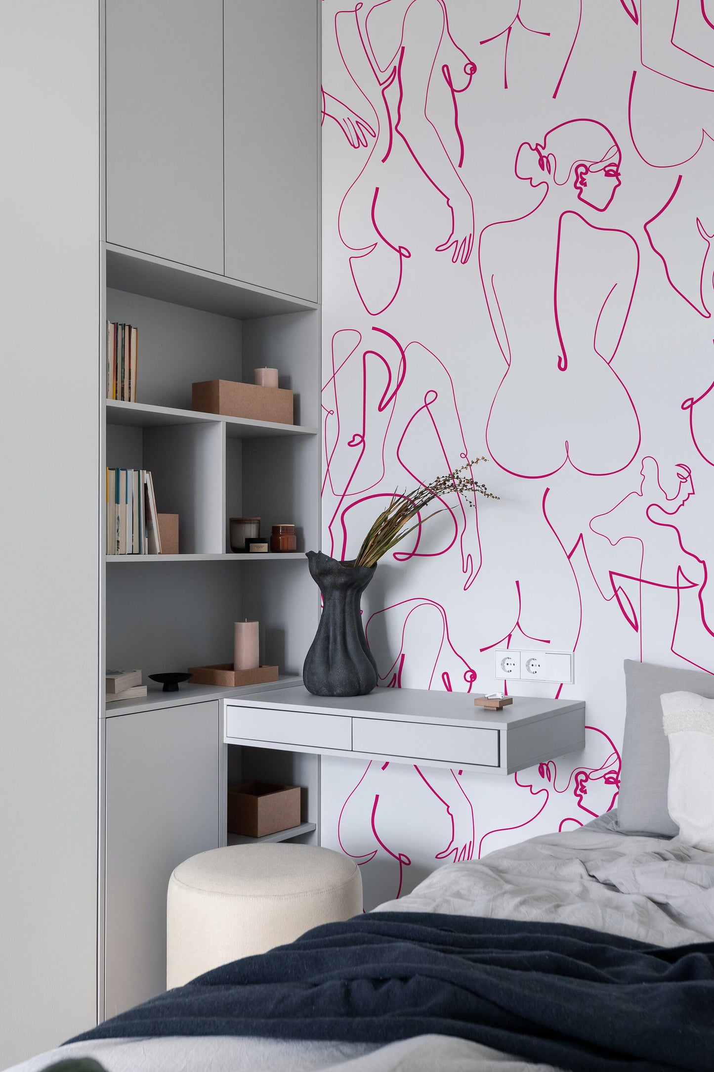 Bright Pink Silhouette Female Body Outline on White Background, Removable Peel and Stick Wallpaper, Self Adhesive Female Accent Wall Decal