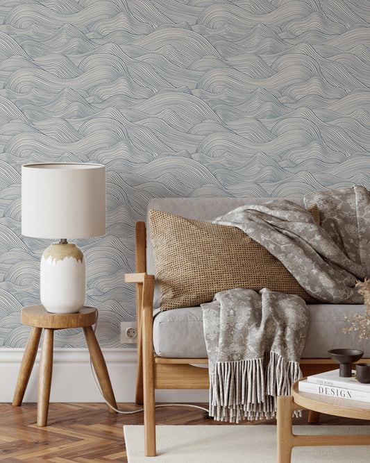 blue coastal wave wallpaper, minimal wallpaper, peel and stik removable wallpaper